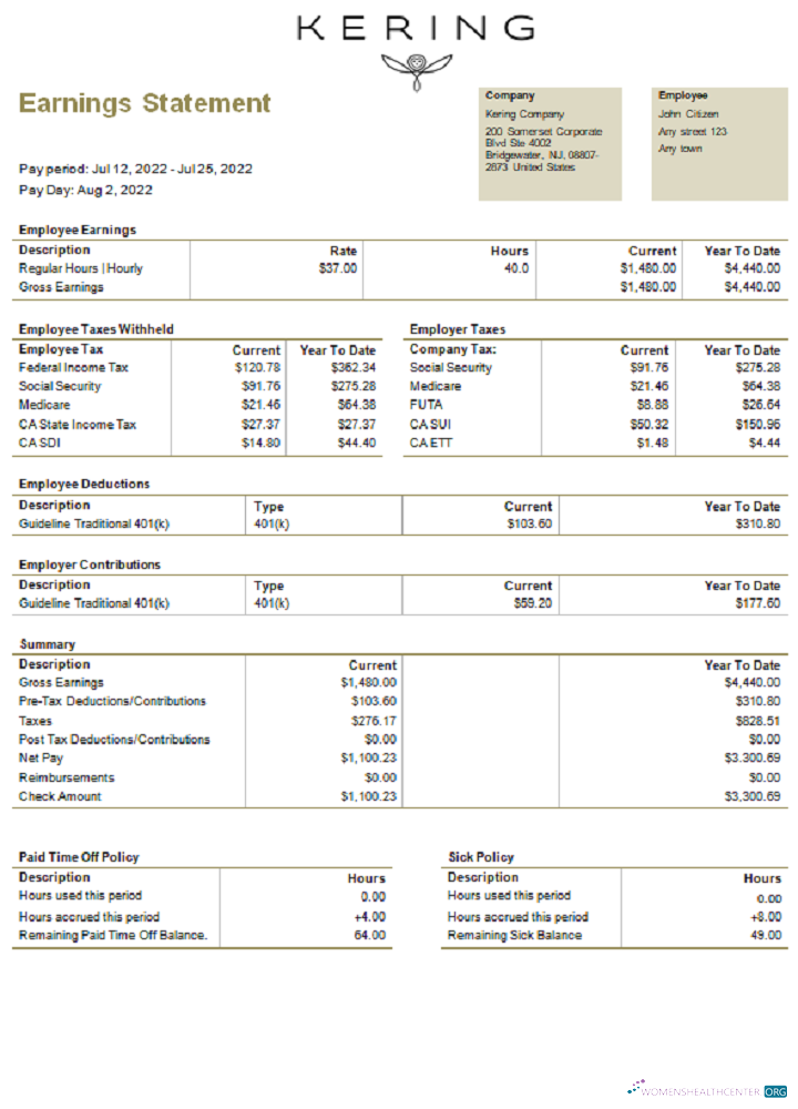 Download USA Kering luxury goods company pay stub Photoshop template